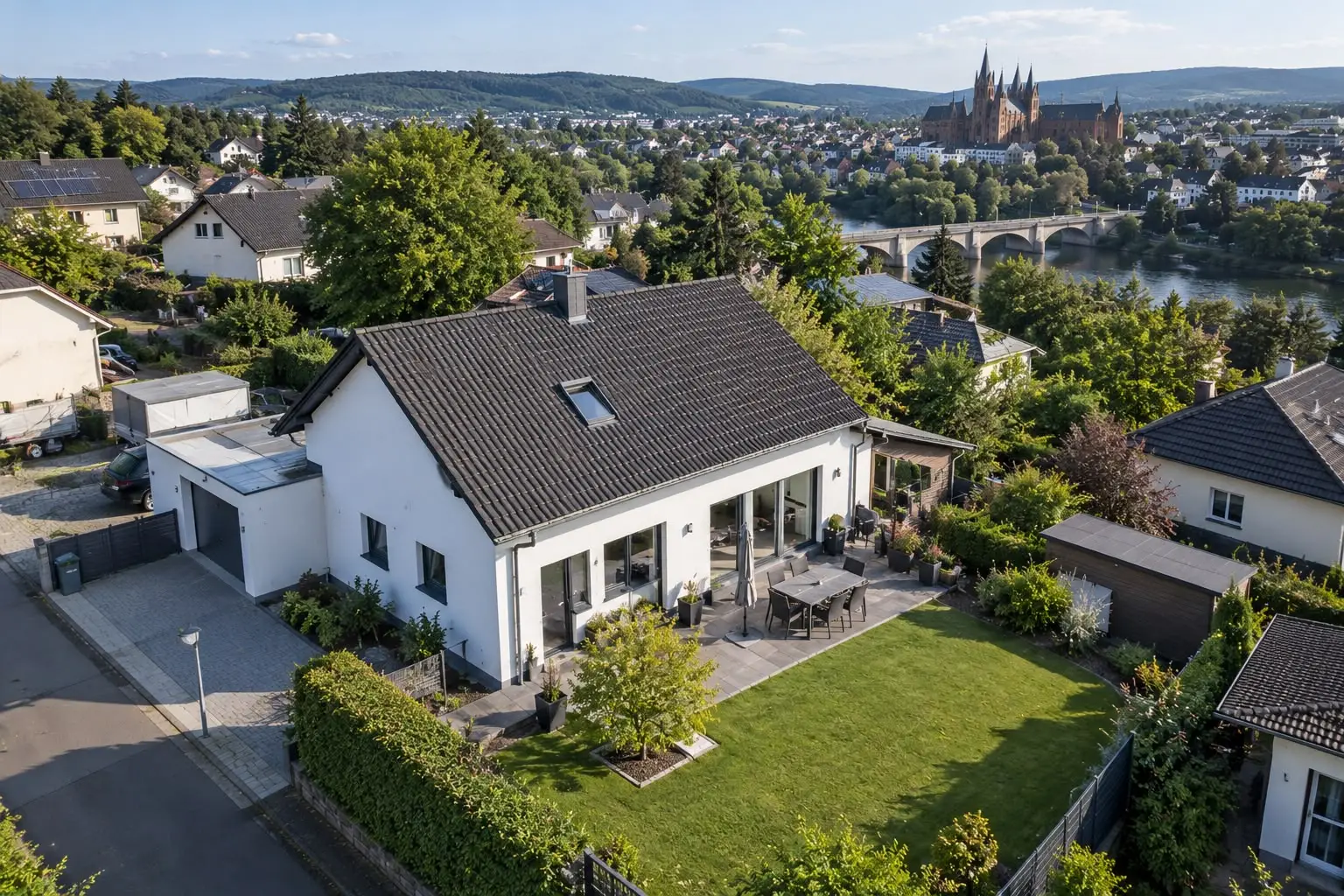 Luftaufnahme eines Einfamilienhauses mit Garten, im Hintergrund Limburger Dom und Lahnbrücke